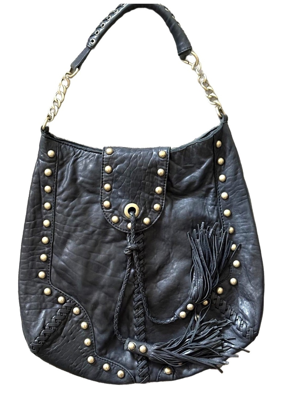 Black Leather Studded Hobo Shoulder Bag with Tassels #shoulderbag #everydaybag